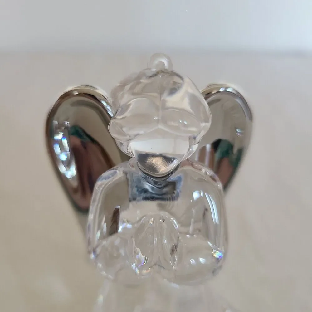 Vintage Clear Acrylic Praying Angel Ornament Silver Toned Wings Holiday Decor